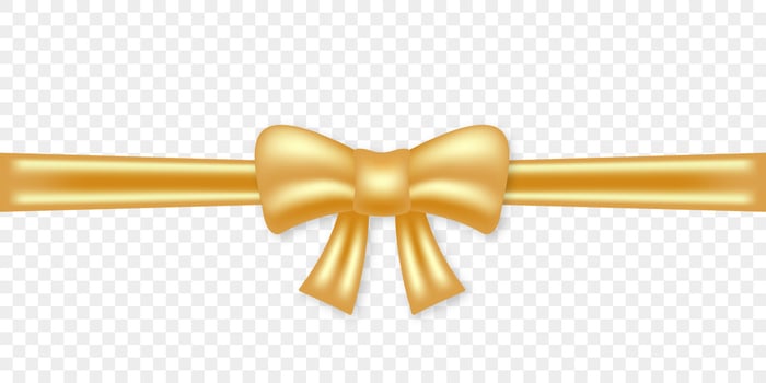 Gold Bow for Gift Christmas Holiday. Golden Silk Knot with Strip for Decoration Present Box. Golden Ribbon for Celebration Valentine, Birthday on Transparent Background. Isolated Vector Illustration.