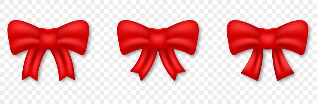 Red Bow Realistic Set for Decoration Present. Silk Ribbon Tie Gift Element on Transparent Background. Elegant Satin Knot for Christmas, Birthday, Anniversary Surprise. Isolated Vector Illustration.