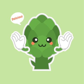 cute and kawaii artichoke cartoon character flat design, vitamins, vegetables, healthy food, nutrients, diet. Vitamins and minerals. Health benefits of artichoke. Funny character. vector