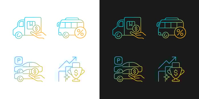 Corporate perks at work gradient icons set for dark and light mode. Relocation assistance. Thin line contour symbols bundle. Isolated vector outline illustrations collection on black and white