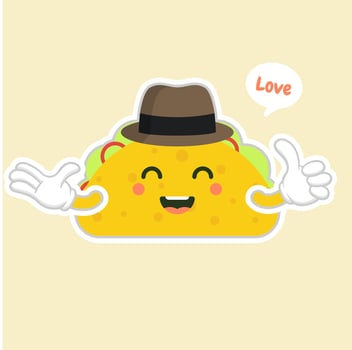 taco with hat character. cute and kawaii delicious tacos with beef or chicken, meat sauce, green salad and red tomato. Taco for restaurant or cafe event design. mexican food vector