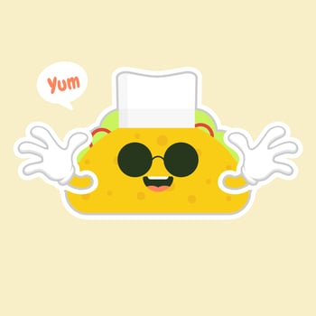 taco with chef hat character. cute and kawaii delicious tacos with beef or chicken, meat sauce, green salad and red tomato. Taco for restaurant or cafe event design. mexican food vector