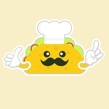 taco with chef hat character. cute and kawaii delicious tacos with beef or chicken, meat sauce, green salad and red tomato. Taco for restaurant or cafe event design. mexican food vector