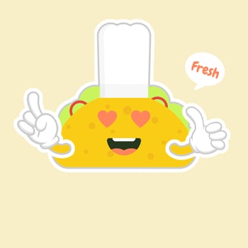 taco with chef hat character. cute and kawaii delicious tacos with beef or chicken, meat sauce, green salad and red tomato. Taco for restaurant or cafe event design. mexican food vector