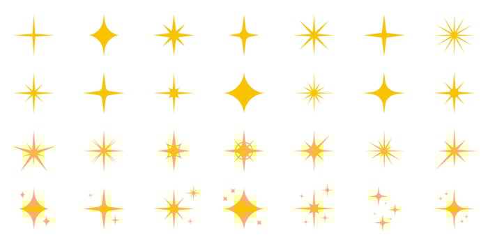 Set of Golden Sparkle Stars. Shiny Twinkle Flash Icons. Glitter Effect Symbol. Gold Sparkle Glow Firework. Magic Shine Bright Icon. Isolated Vector Illustration.