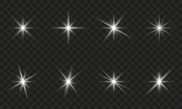 Light Beam Shine Effect. Silver Flare Sparkle Star on Transparent Background. Silver Bright Flare with Rays. Glitter Festive Set. Bokeh Glare Shiny Icon. Isolated Vector Illustration.
