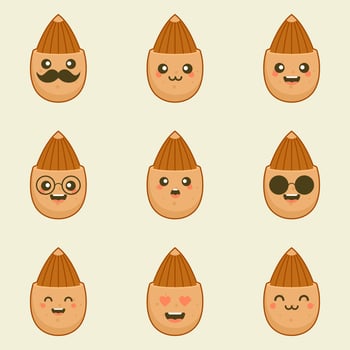 Cute and kawaii almond nuts characters set with different emotions vector illustration. Funny nuts