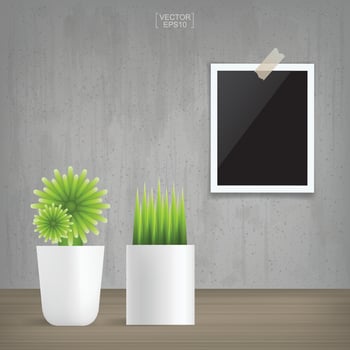 Decoration plant and blank photo frame in vintage interior space background. Vector. vector