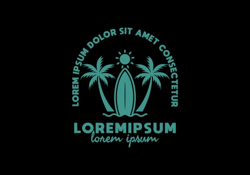 Blue color of surfing board and coconut tree line art illustration with lorem ipsum text vector