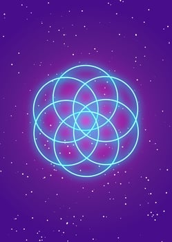 Seed Flower of life lotus icon, yantra mandala sacred geometry, Glowing Psychedelic neon symbol of harmony and balance. Futuristic Mystical talisman isolated on starry purple background vector