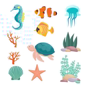 Set from seahorse, turtle, exotic fish, clown fish, jellyfish, starfish, seashell, corals, underwater plants in vector design. Isolated objects on white background.