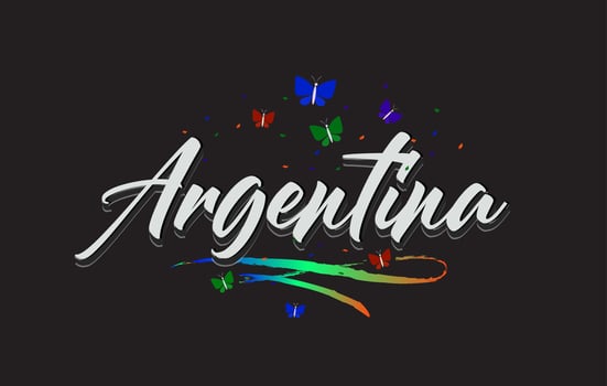 White Argentina Handwritten Vector Word Text with Butterflies and Colorful Swoosh.