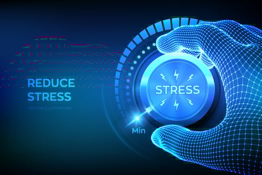 Stress levels knob button. Wireframe hand turning a stress level knob to the minimum position. Concept of emotional overload, burnout, tiring, boring, positive, frustration. Vector illustration.