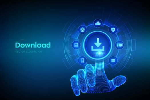 Download Data Storage. Cloud download. Install symbol. Wireframe hand touching digital interface. Business technology network internet concept. Vector illustration.