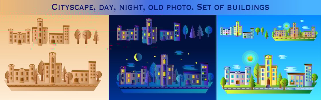 Cityscape of day, night and old photo vector