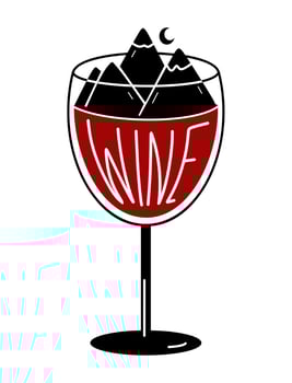 Wine and mountains in a glass with lettering text. Vector illustration isolated on a white background
