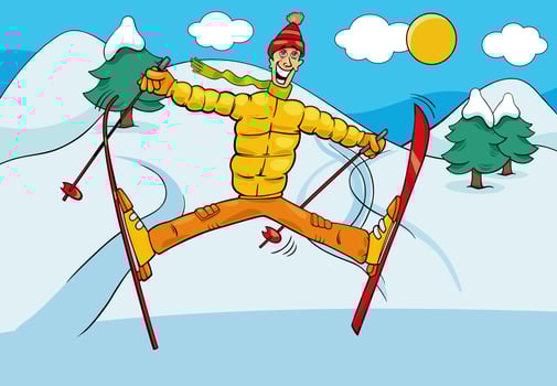 cartoon man character skiing on winter time vector