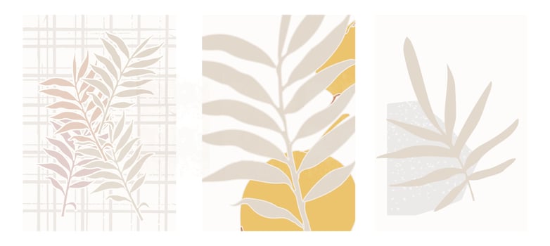 Set of three botanical posters vector illustration. Foliage drawing and abstract shapes. Minimal, natural, leaves and ferns art print. Abstract plant design for background, wallpaper, card, wall art