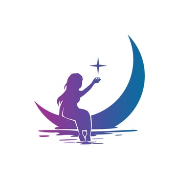 Silhouette vector illustration of girl sitting on the moon and catching the stars