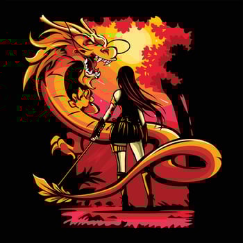 Vector illustration of female swordsman facing a dragon
