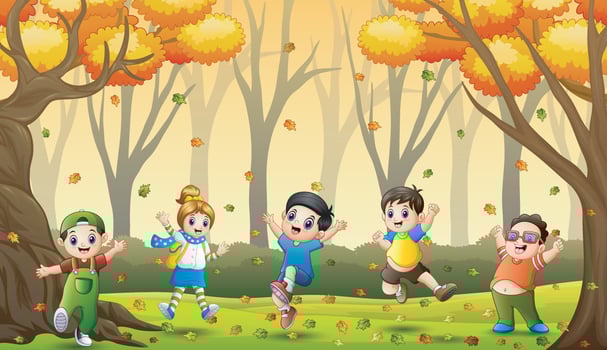 Cheerful little kids jumping and laughing in autumn landscape vector