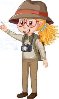 Little girl in camping outfit with camera and backpack vector