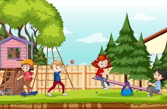 Scene of backyard with kids and fence vector