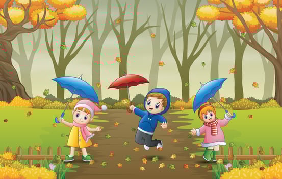 Cartoon kids holding umbrella in the autumn vector