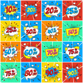 Comic lettering percents off SALE in the speech bubble comic style flat design set. Retro vintage pop art illustration isolated on rays background. Exclamation sticker or label store or shop. vector