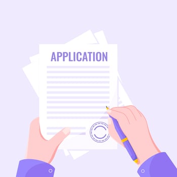 Application document form submit flat style design icon sign vector illustration isolated on light purple background. Complete application or survey document business concept with text contract stamp.