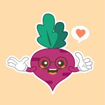 Beetroot character flat design. Isolated cartoon purple beetroot with kawaii face on color background. Colorful friendly purple beet vegetable. Cute design For vegetarian, vegan product. vector