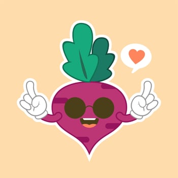 Beetroot character flat design. Isolated cartoon purple beetroot with kawaii face on color background. Colorful friendly purple beet vegetable. Cute design For vegetarian, vegan product. vector
