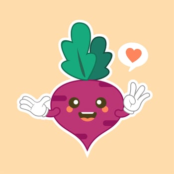 Beetroot character flat design. Isolated cartoon purple beetroot with kawaii face on color background. Colorful friendly purple beet vegetable. Cute design For vegetarian, vegan product. vector