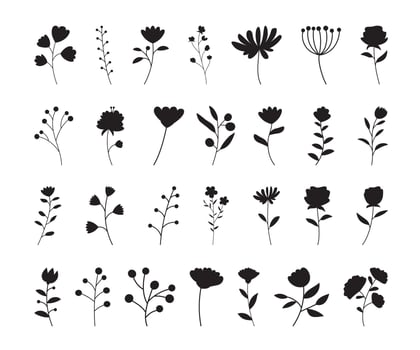 Floral branch silhouette set. Hand drawn with leaves and flowers on white background. vector