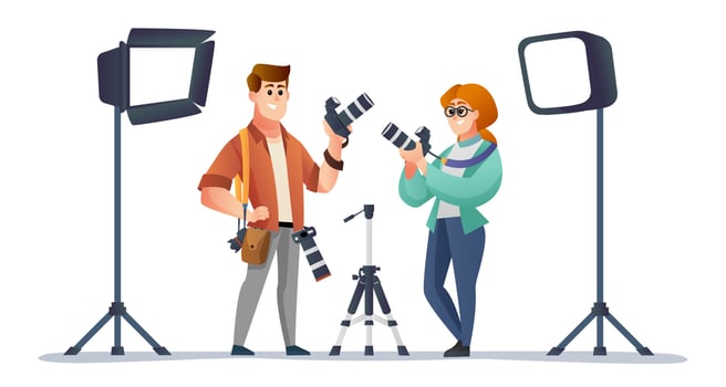 Professional male and female photographer with photography equipment illustration vector