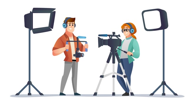 Professional male and female videographer with videography equipment in studio illustration vector