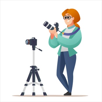 Professional female photographer holding camera with tripod concept vector