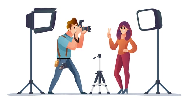 Professional photographer and model with photography equipment cartoon illustration vector
