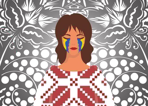 The girl is crying in the stream. Pray for Ukraine. Stop war. Cartoon style. vector