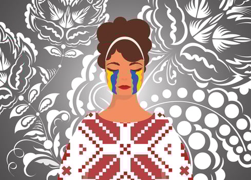 The girl is crying in the stream. Pray for Ukraine. Stop war. Flat style. vector