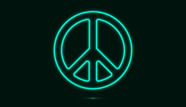 Peace symbol in bright blue neon color isolated on dark background. Vector illustration