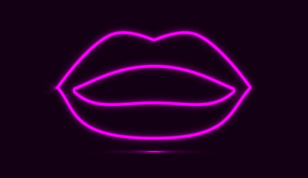 Purple neon lips isolated on dark background. Vector illustration