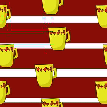 Bright cup with heart pattern seamless pattern, yellow mug in cartoon style on striped background vector