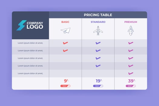 Modern Pricing Table Design with three Subscription Plans. Flat infographic pricing table design template for website or presentation. vector