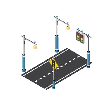 The road streetlight traffic signs set with lanterns and urban lighting, crossroad intersection road street of downtown in the town of the city. Isometric cityscape vector modern urban game background