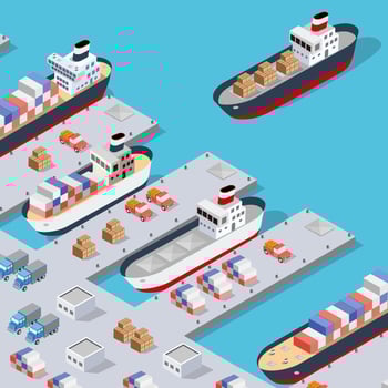 Isometric City industrial port with transport boat and naval ships vector