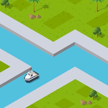 Isometric City industrial port with transport boat and naval ships vector