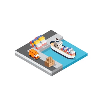 Port cargo ship transport logistics seaport vector template with an isometric illustration