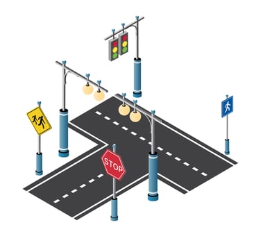 City driveway street with road signs and street lamps vector