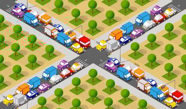 Isometric Crossroads intersection of streets of highways with traffic cars standing in jam. Seamless vector